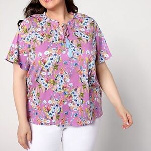 Denim & Co Printed Short Sleeve Blouse with tassels